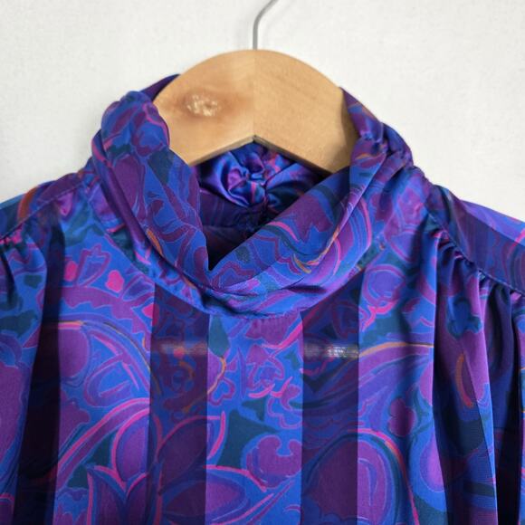 VTG Stuart Lang Blouse Sz 14 Purple Geo Print High Neck Long Sleeve Secretary - Picture 4 of 16